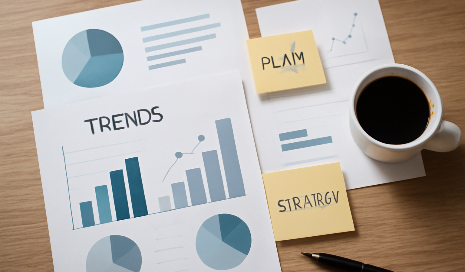 plan de travail avec notes tendances et graphiques