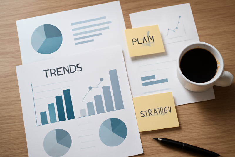 plan de travail avec notes tendances et graphiques