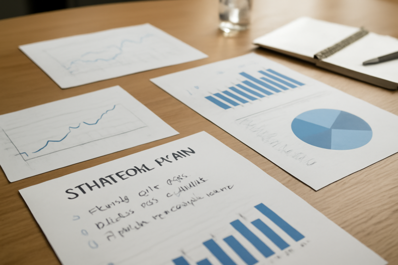 graphes et notes stratégiques sur table de reunion