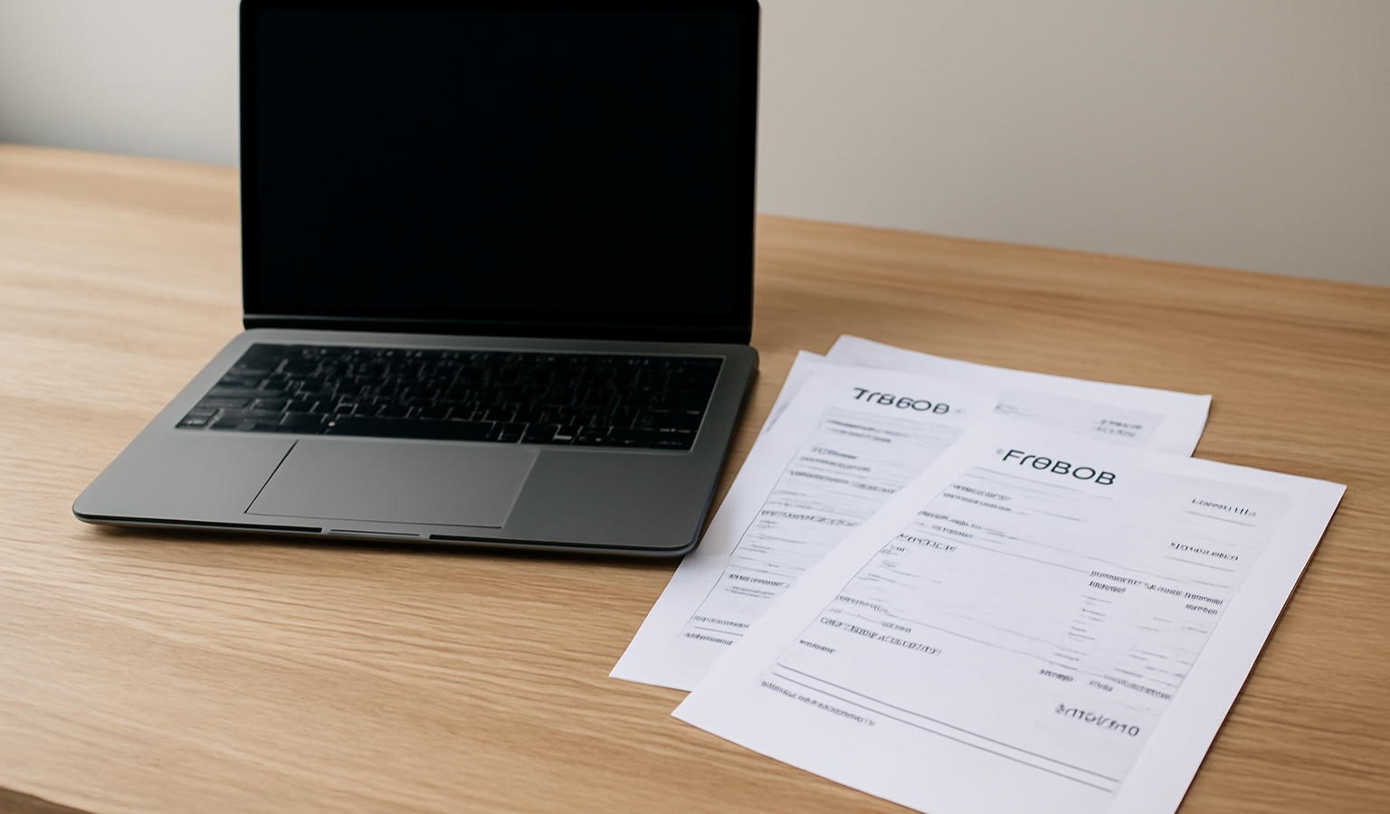 ordinateur portable et factures sur bureau