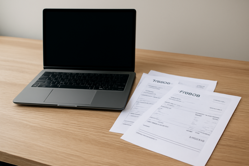 ordinateur portable et factures sur bureau