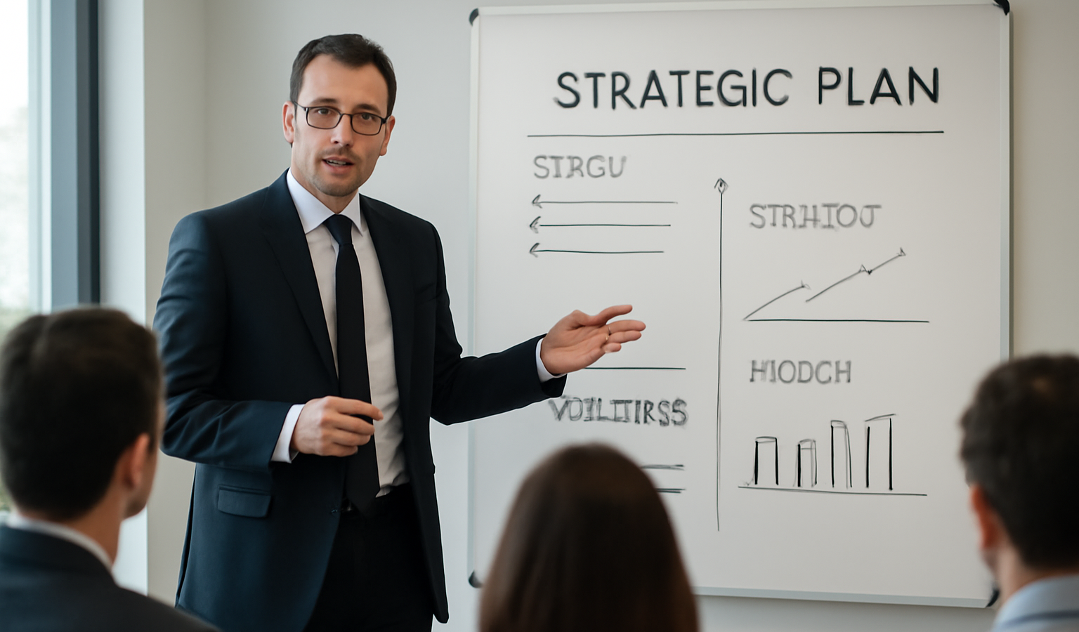 dirigeant presentant un plan strategique en salle