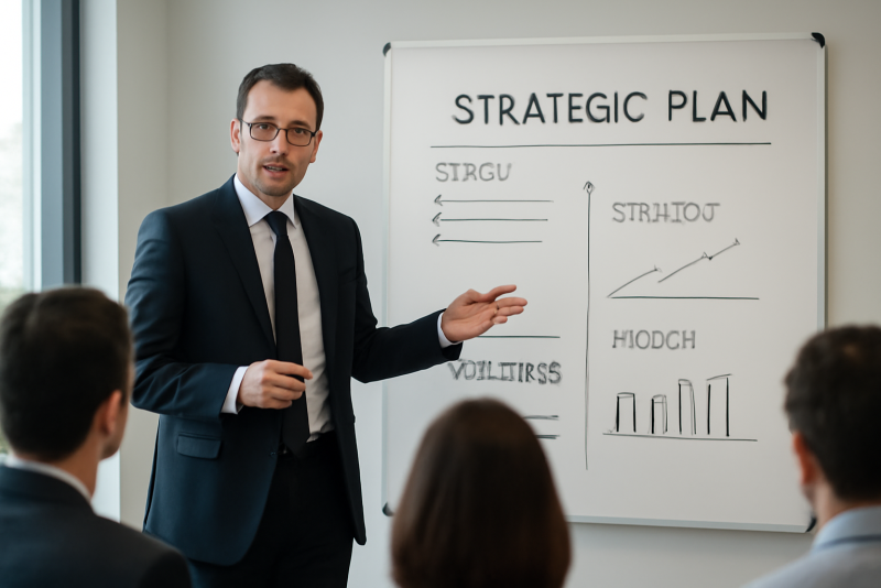dirigeant presentant un plan strategique en salle