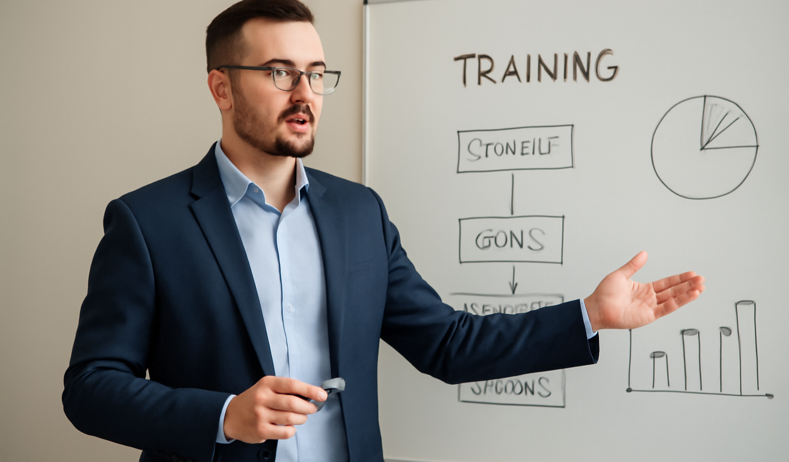manager en formation devant tableau blanc