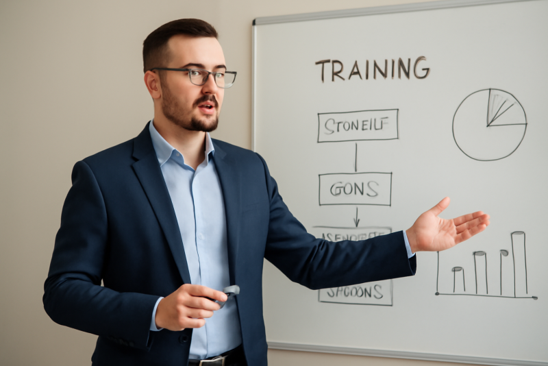 manager en formation devant tableau blanc