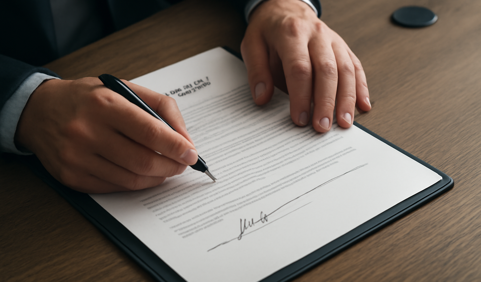 mains signant un contrat sur bureau