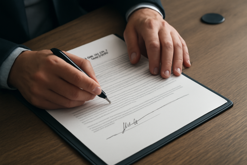 mains signant un contrat sur bureau