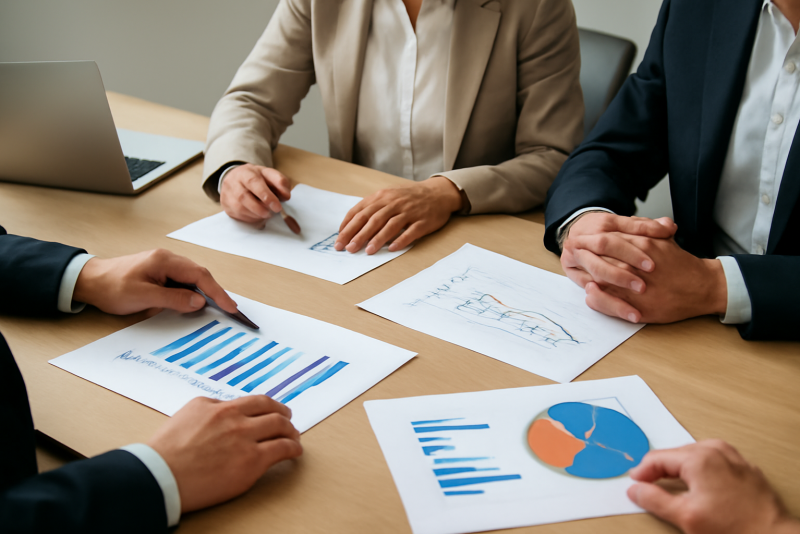 réunion stratégique avec graphiques comparatifs sur table