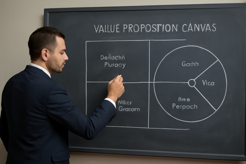 dirigeant dessinant canevas proposition valeur sur tableau