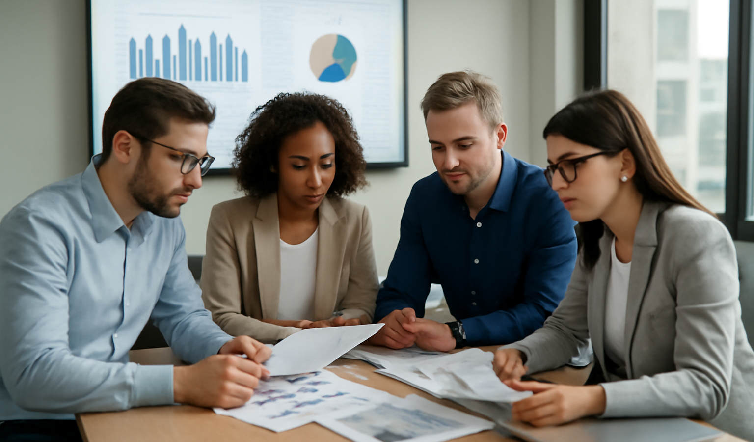 equipe analysant dossiers et tableaux de bord