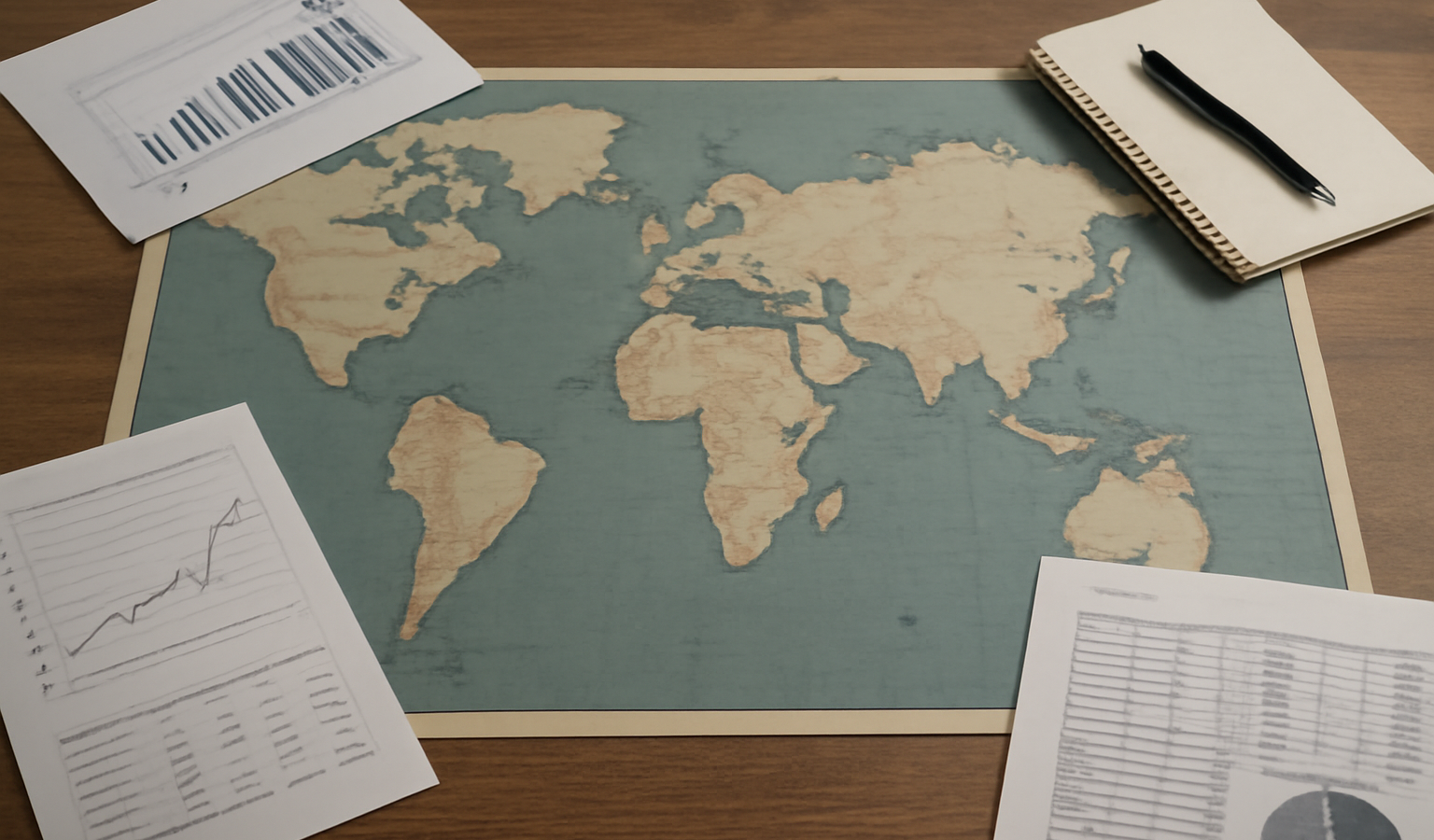 carte du monde et documents strategiques sur table