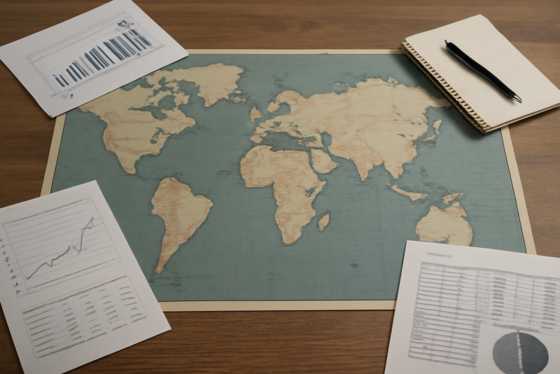 carte du monde et documents strategiques sur table