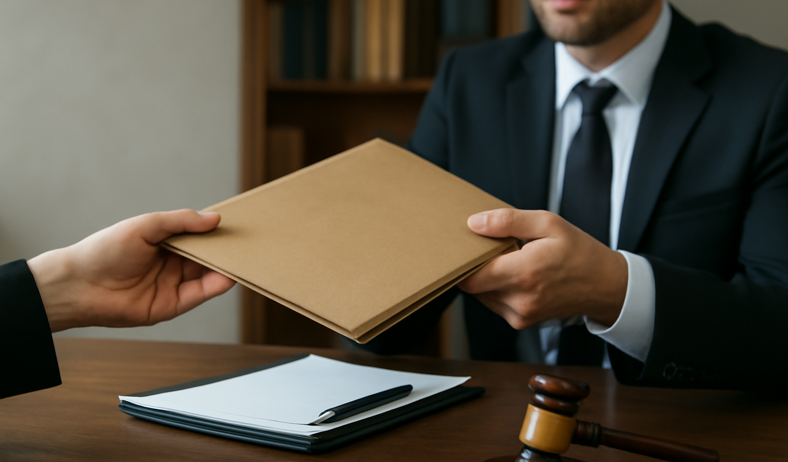 mains echangeant dossier devant avocat