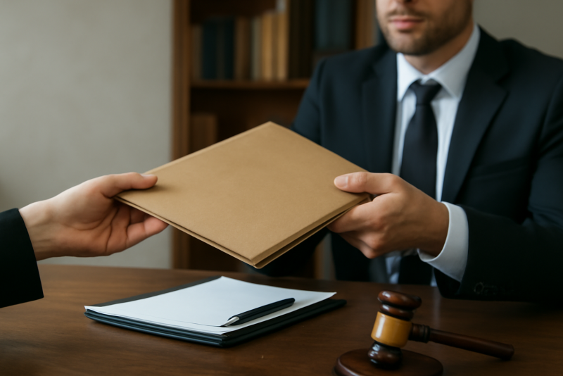 mains echangeant dossier devant avocat