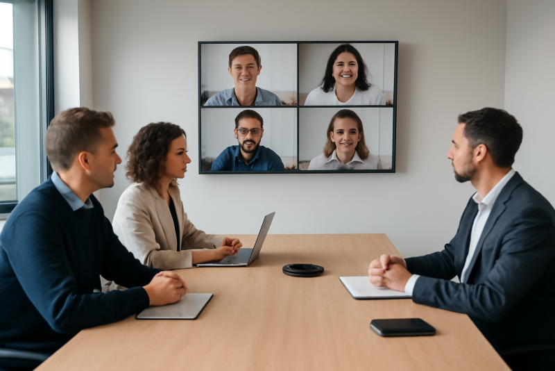 equipe en videoconference et presentiel