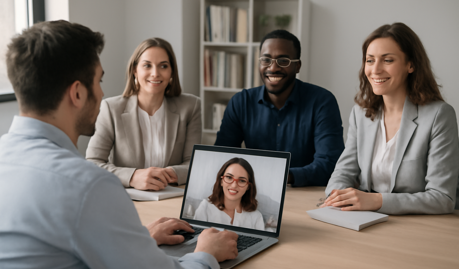 équipe en visioconférence autour d'un bureau