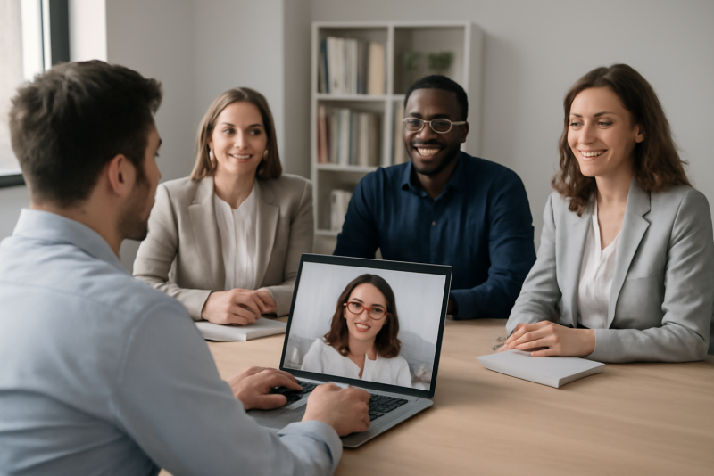 équipe en visioconférence autour d'un bureau