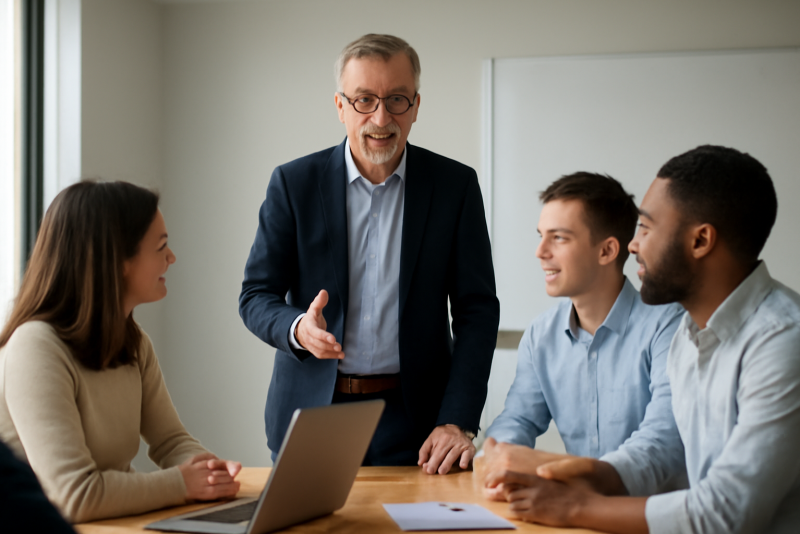 directeur guidant une petite equipe en reunion