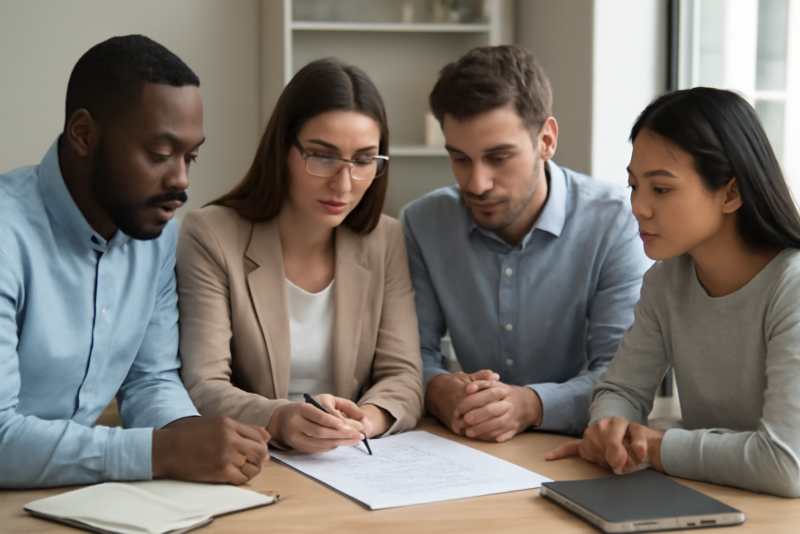 équipe en réunion regardant des notes