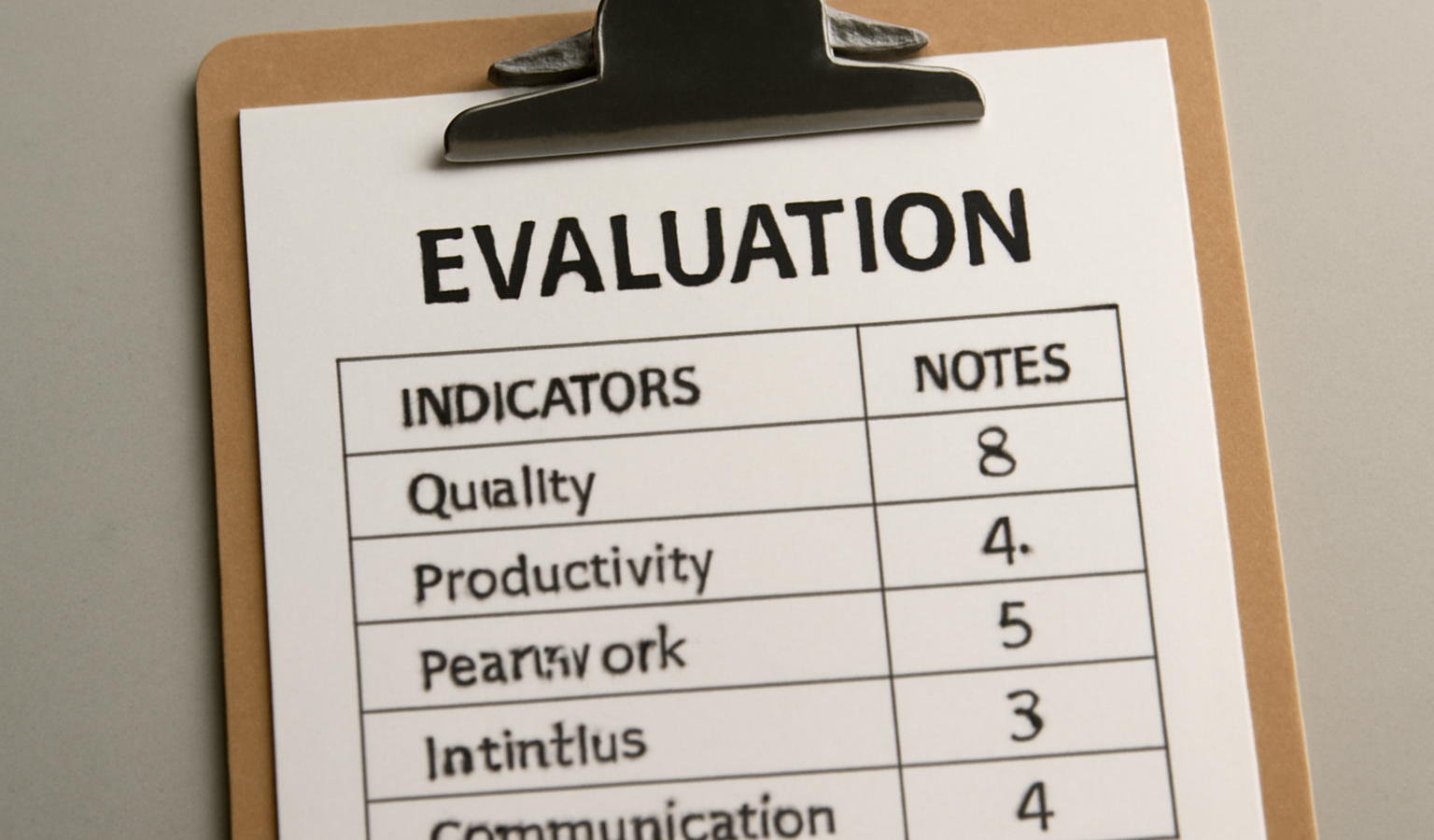 tableau d'évaluation avec indicateurs et notes