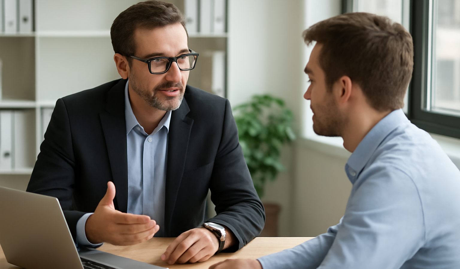 manager échangeant avec collaborateur dans bureau