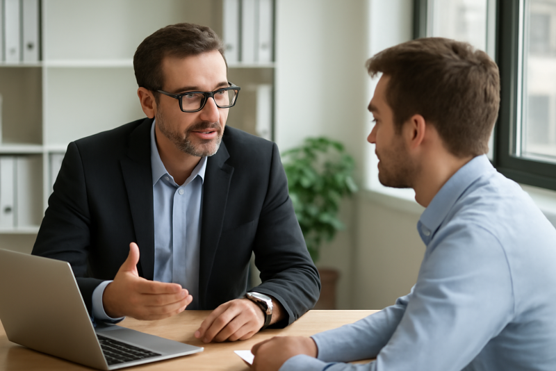 manager échangeant avec collaborateur dans bureau