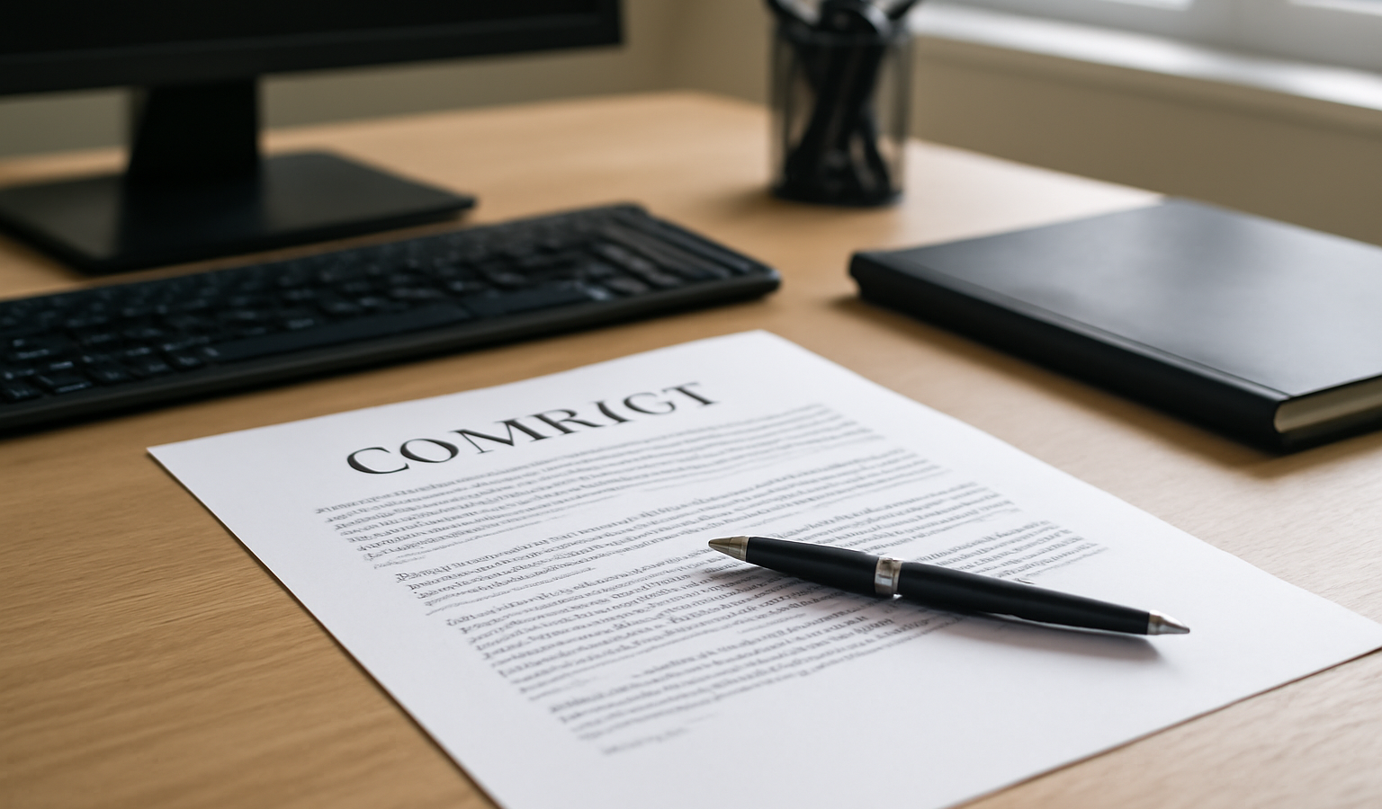 bureau avec contrat imprime et stylo