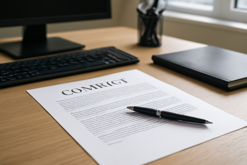 bureau avec contrat imprime et stylo