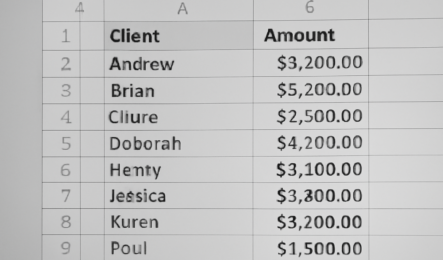 tableur avec liste de clients et montants