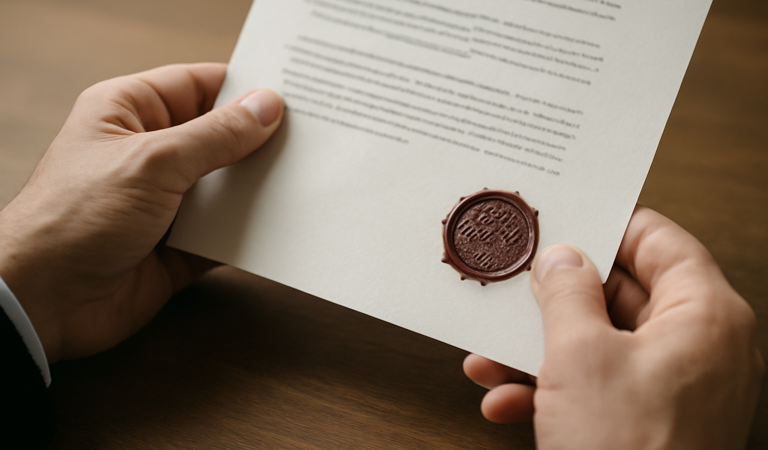 mains serrant un document avec sceau