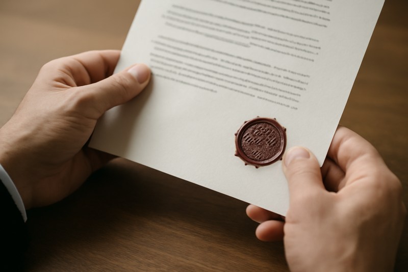 mains serrant un document avec sceau