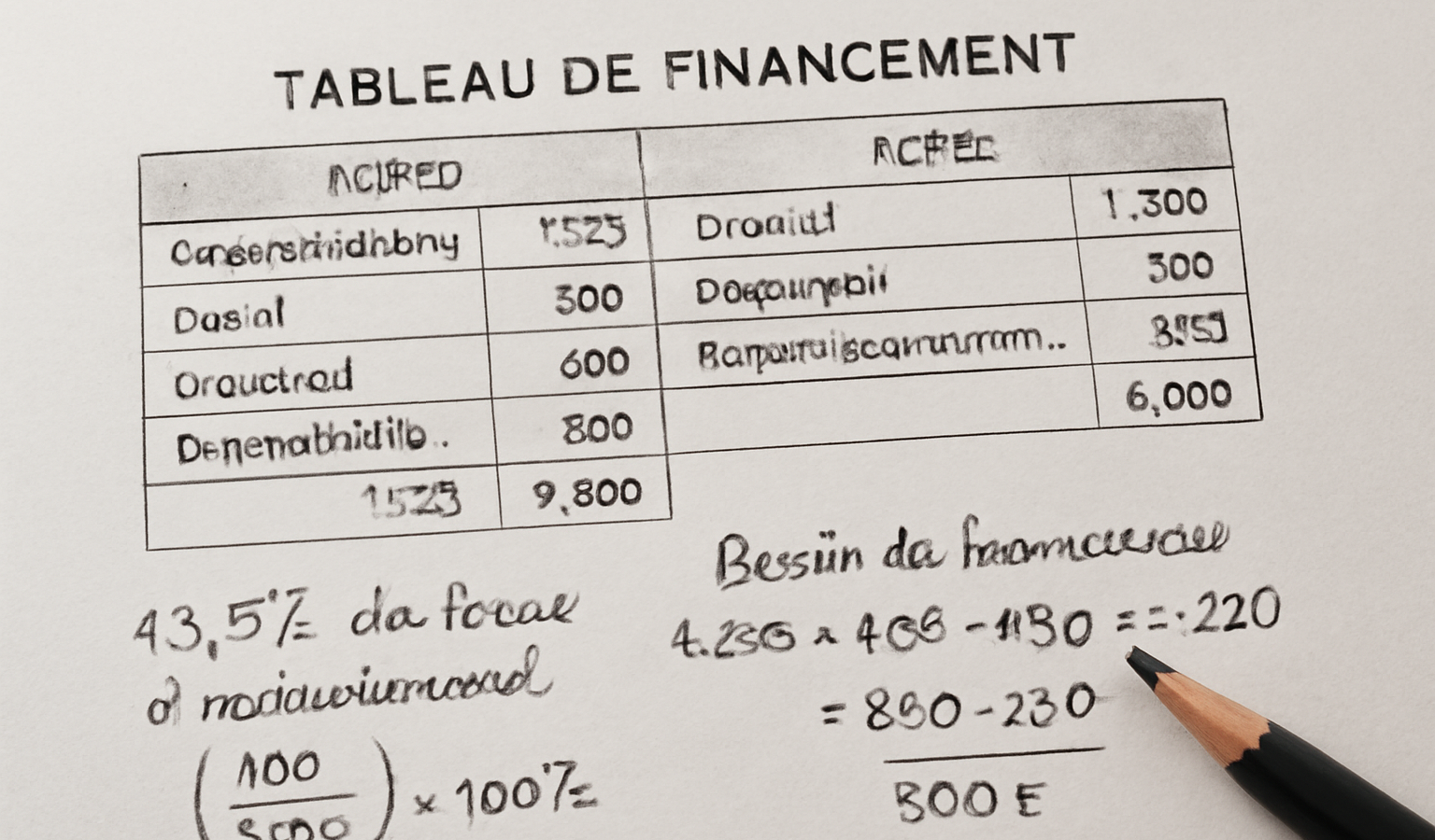tableau de financement avec calculs et notes