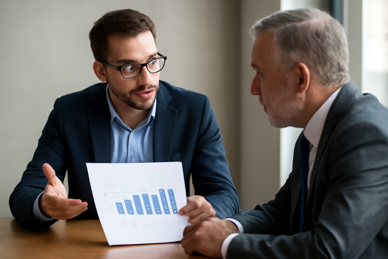 entrepreneur discutant chiffres avec investisseur