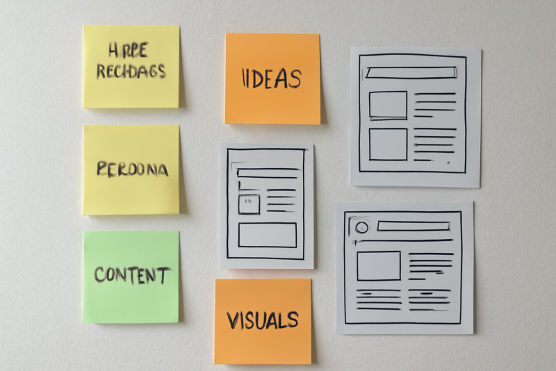 post-it et croquis de positionnement sur mur