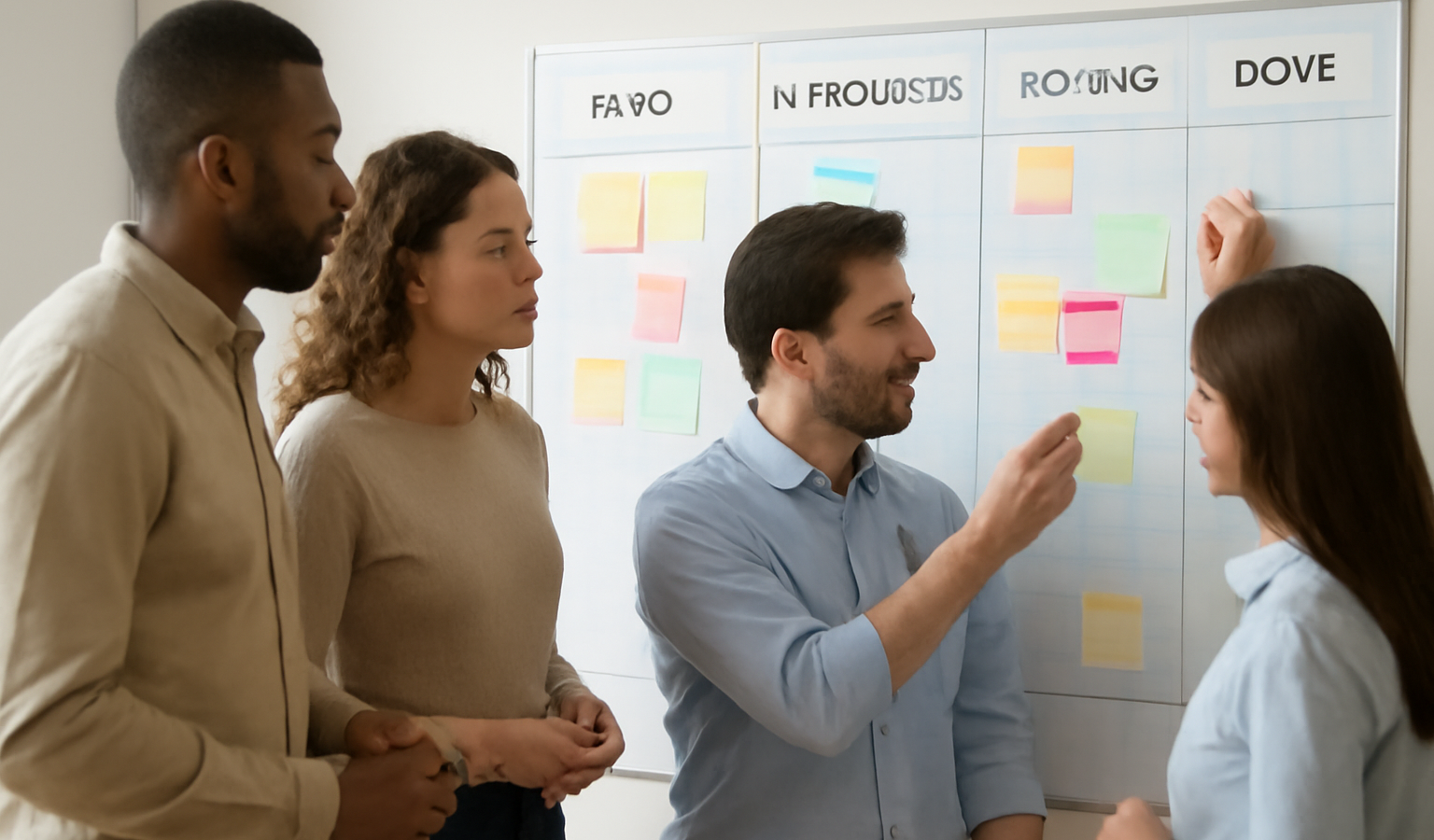 équipe priorisant tâches sur tableau kanban