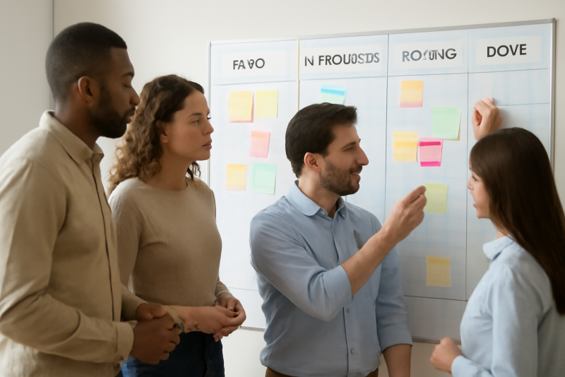 équipe priorisant tâches sur tableau kanban