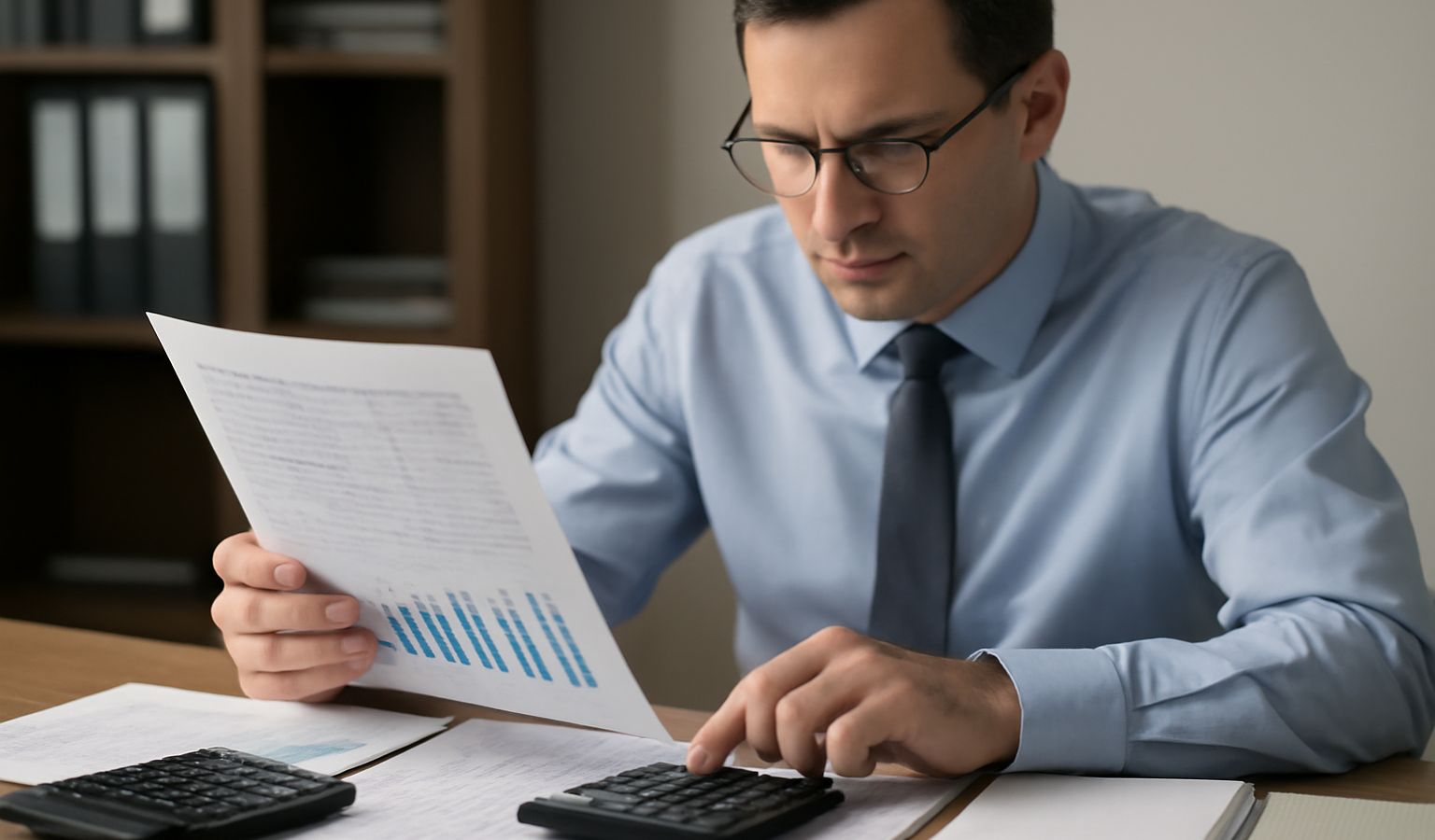 comptable examinant bilan avec calculettes et rapports