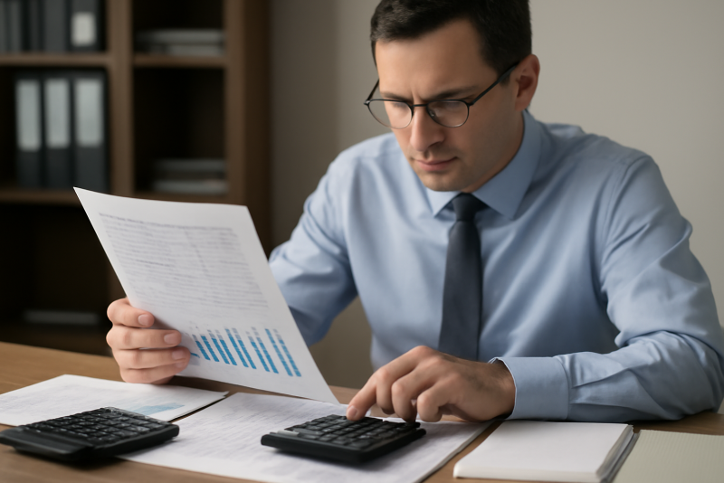 comptable examinant bilan avec calculettes et rapports