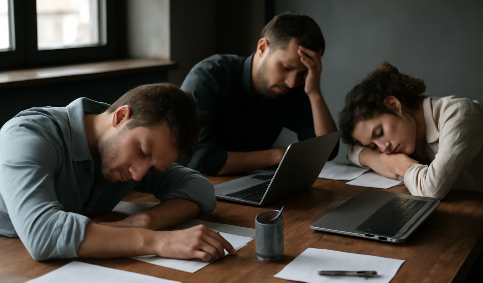 participants épuisés autour d'une grande table