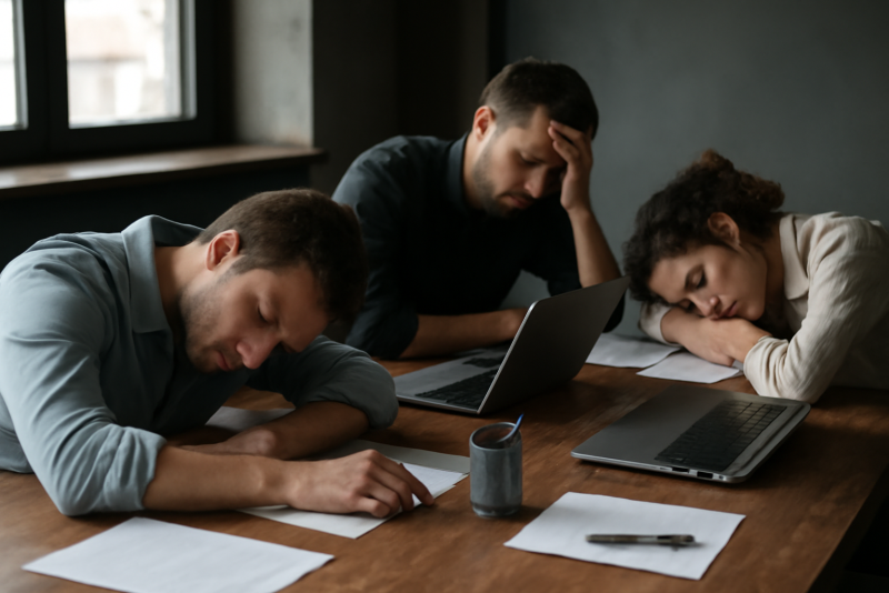 participants épuisés autour d'une grande table
