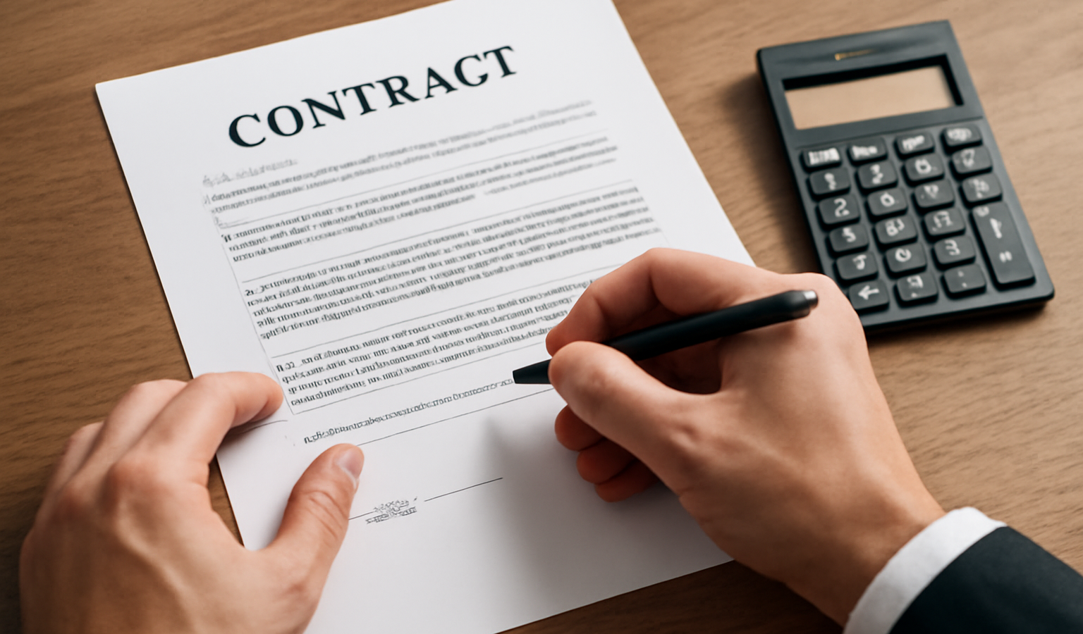 mains serrant contrat avec calculatrice à côté