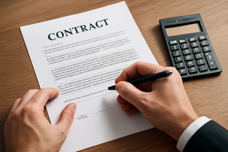 mains serrant contrat avec calculatrice à côté
