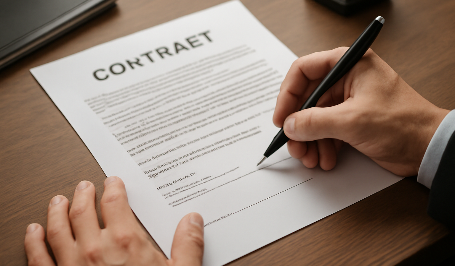 mains signant un contrat sur bureau