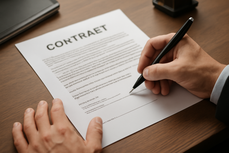 mains signant un contrat sur bureau