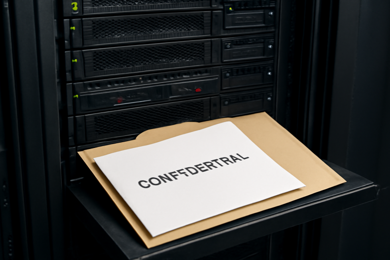 serveur informatique et dossier confidentiel ouvert
