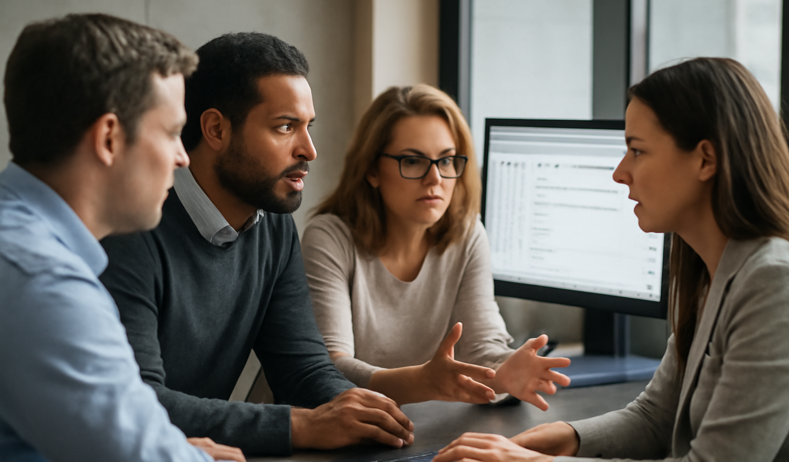 equipe discutant devant ecrans de messagerie