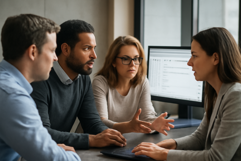 equipe discutant devant ecrans de messagerie