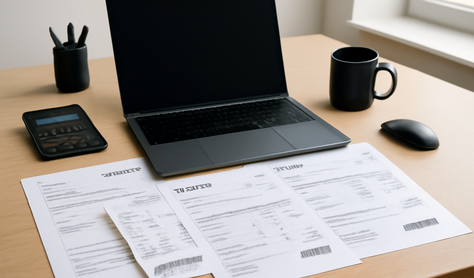bureau avec terminal et factures internationales