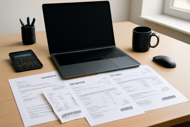 bureau avec terminal et factures internationales