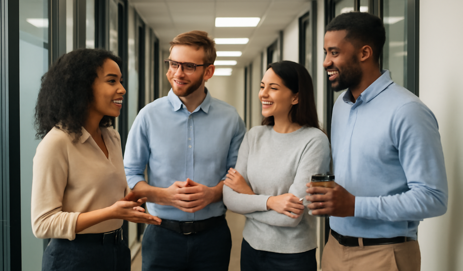 employes discutant dans un couloir de bureau
